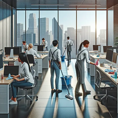 Realistic image of professionals cleaning office space.
