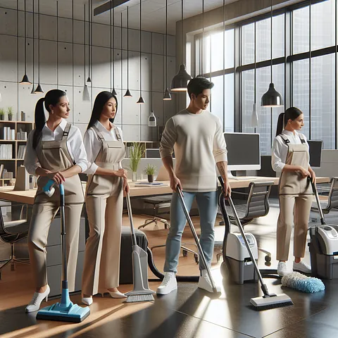 Realistic stock image of professional cleaners working